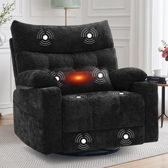 GEEYOO Swivel Rocker Recliner Chair for Adults with Vibration Massage & Heat,Manual Recliner with Storage Compartment & Cup Holders Nursery Glider Recliner for Living Room,Chenille,Black