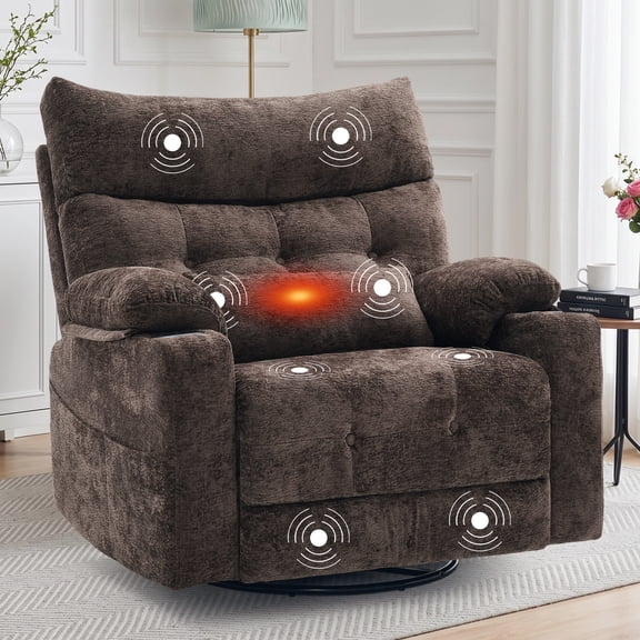 GEEYOO Swivel Rocker Recliner Chair for Adults with Vibration Massage & Heat,Manual Recliner with Storage Compartment & Cup Holders Nursery Glider Recliner for Living Room,Chenille,Brown