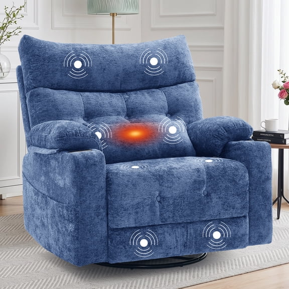 GEEYOO Swivel Rocker Recliner Chair for Adults with Vibration Massage & Heat,Manual Recliner with Storage Compartment & Cup Holders Nursery Glider Recliner for Living Room,Chenille,Blue