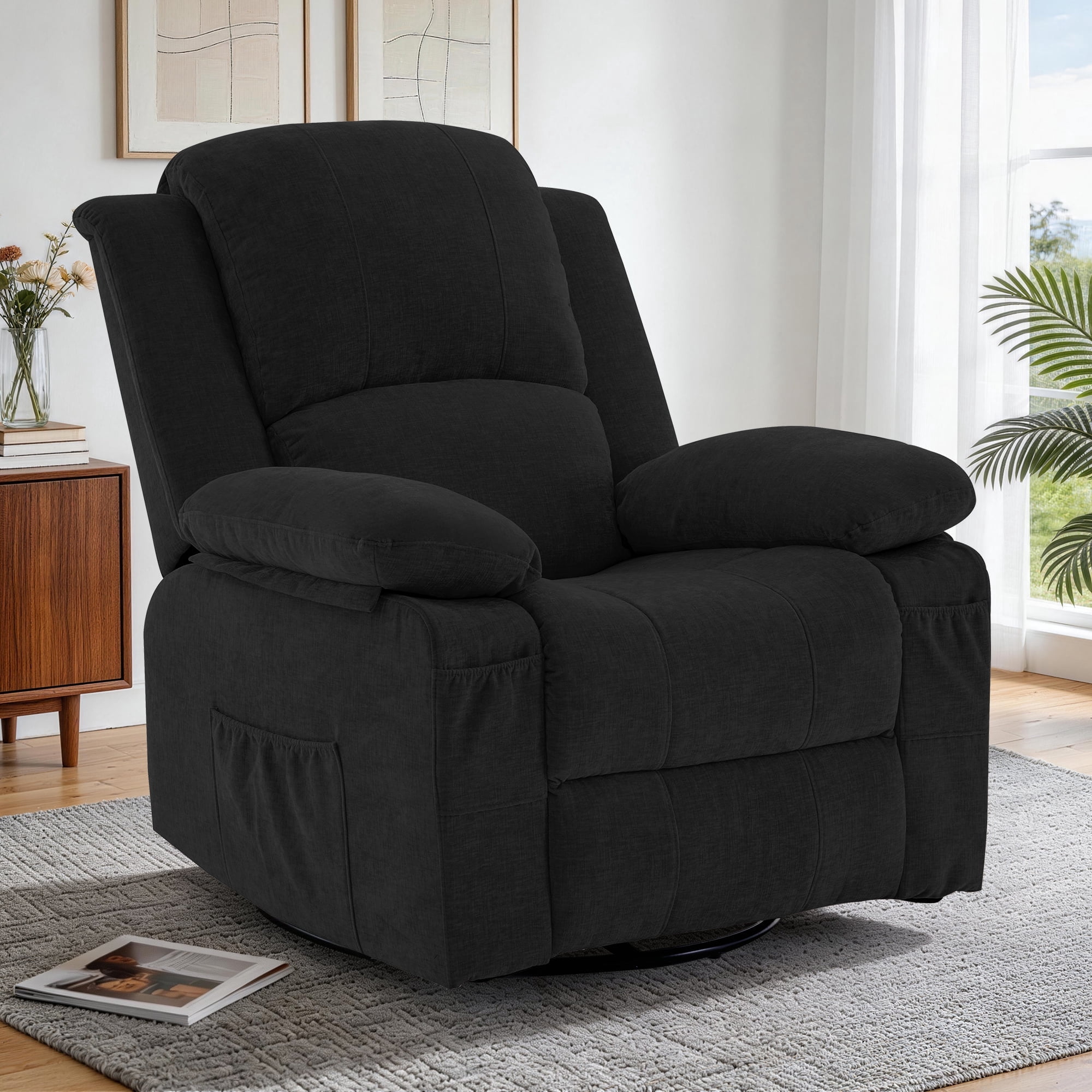GEEYOO Swivel Rocker Recliner Chair with Massage and Heat Glider Recliner for Adults with Side Pockets Chenille for Living Room,Black