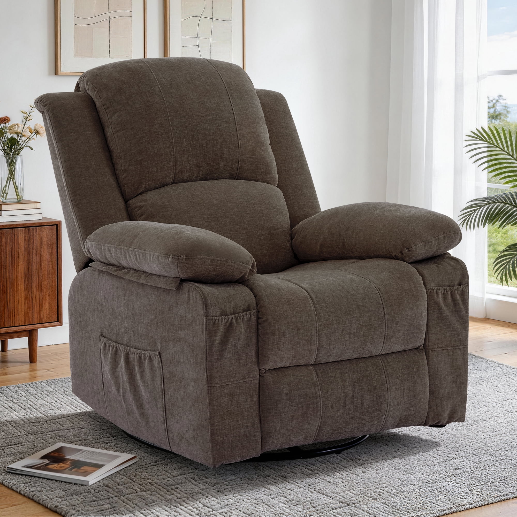 GEEYOO Swivel Rocker Recliner Chair with Massage and Heat Glider Recliner for Adults with Side Pockets Chenille for Living Room,Brown