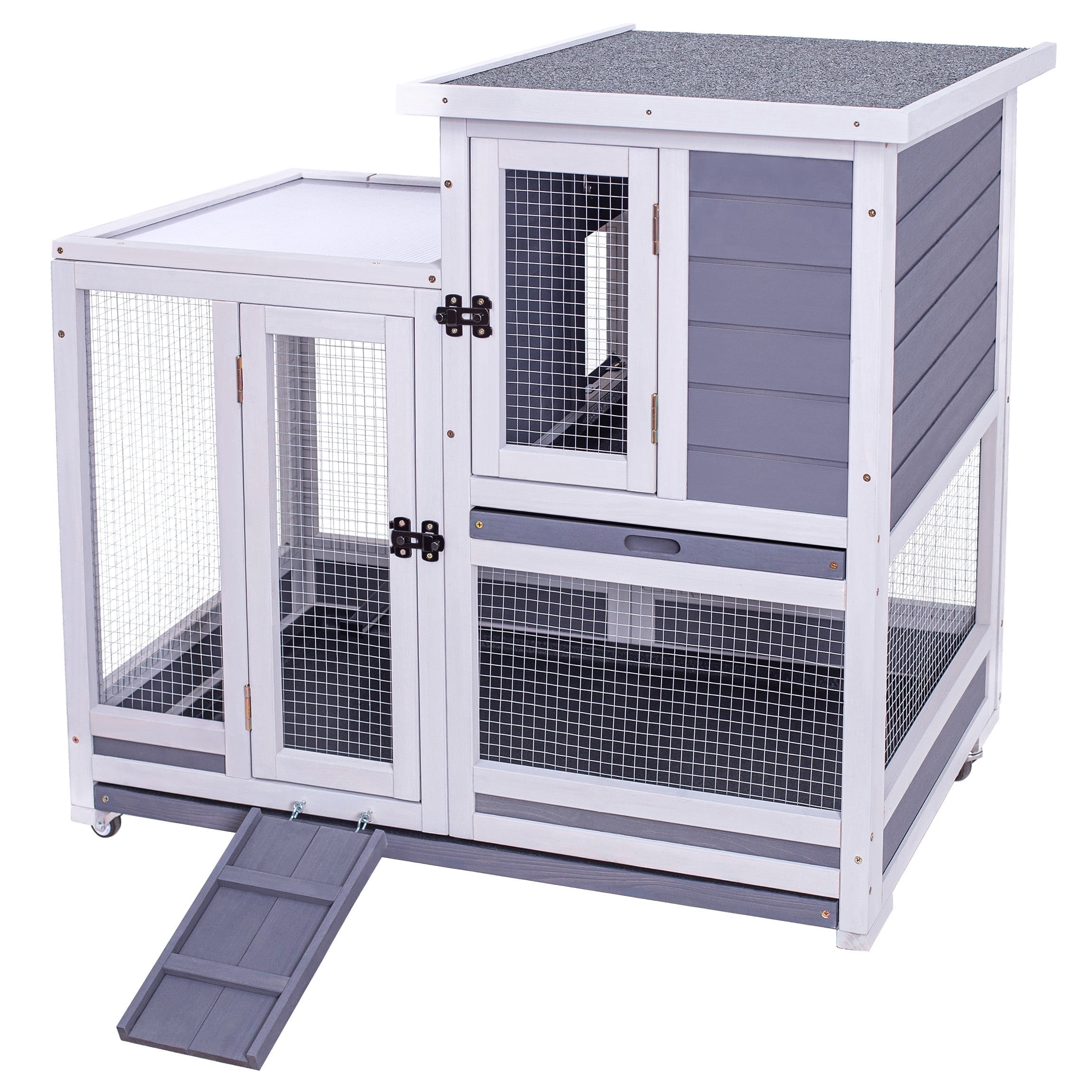 GEGURI Rabbit Hutch, Two-Story Indoor Bunny Cage, Outdoor Guinea Pig Cages for Small Animals with Wheels, Removable Tray