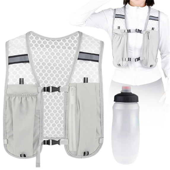 GEIJLPH Under $10 Running Hydration Vest Lightweight Reflective Running Vest Pack with 500ml Soft Water Bottle and Headlamp for Men Women Running Cycling Hiking Climbing Grey