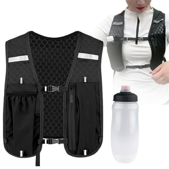 GEIJLPH Under $10 Running Hydration Vest Lightweight Reflective Running Vest Pack with 500ml Soft Water Bottle and Headlamp for Men Women Running Cycling Hiking Climbing Black