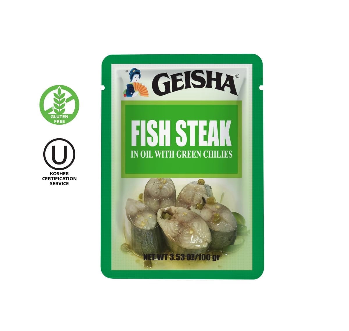 GEISHA Fish Steak in Oil with Green Chilies 3.53oz (Pack of 24), Fish Steak| HALAL & Kosher Certified – Gluten Free – Wild Caught – Good Source of Protein