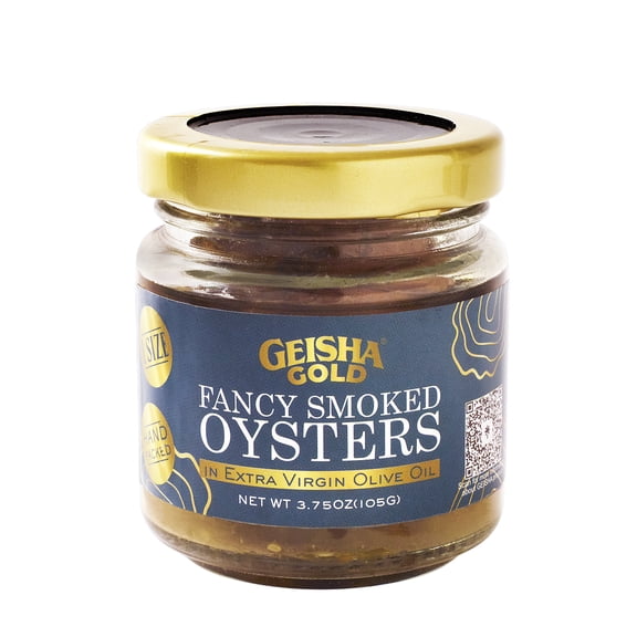 GEISHA GOLD Smoked Oysters in EVOO, 3.75oz (Pack of 6). Farm raised, gluten-free, non-GMO, zero trans fat, no sugar added. Rich in iron (20% DV) & protein (14g). Large oysters