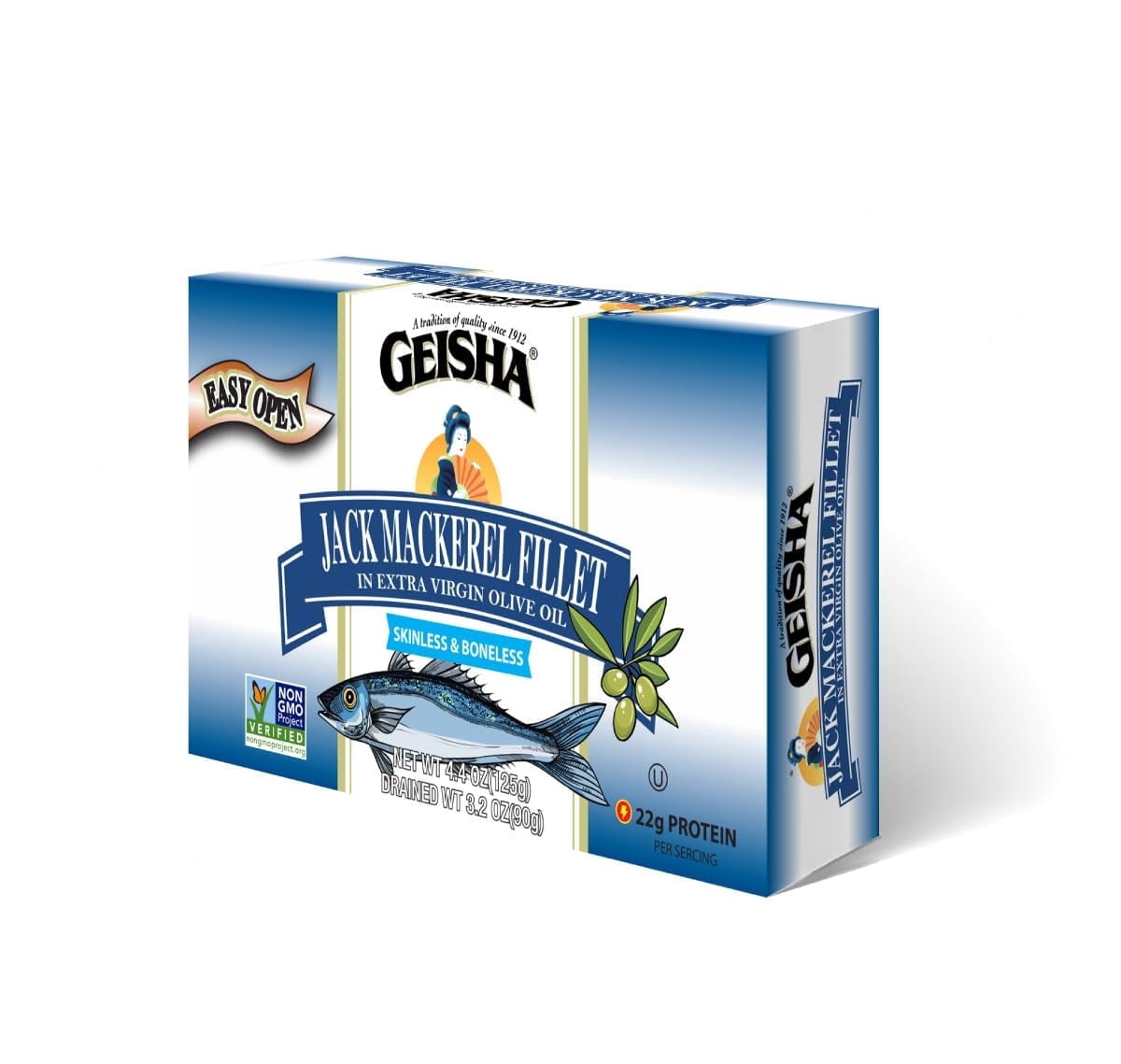 GEISHA Jack Mackerel Fillet In Extra Virgin Olive Oil 4.4oz (Pack of 12)| Omega-3, NON-GMO,22g Protein,Kosher,Extra Virgin Olive Oil,Product of Chile,Zero Trans Fat,No Sugar Added,Wild Caught