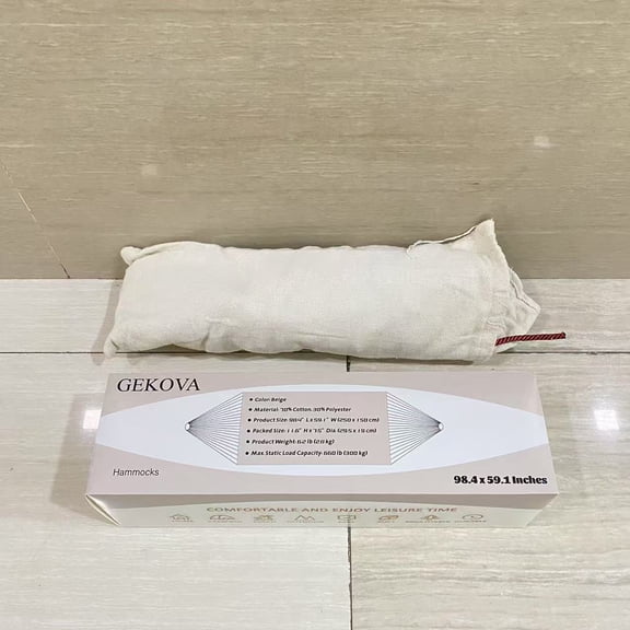 GEKOVA Hammocks,12ft Double Hammocks, Handwoven Traditional Cotton Rope Hammock with Hardwood Spreader Bar (Beige, Full)