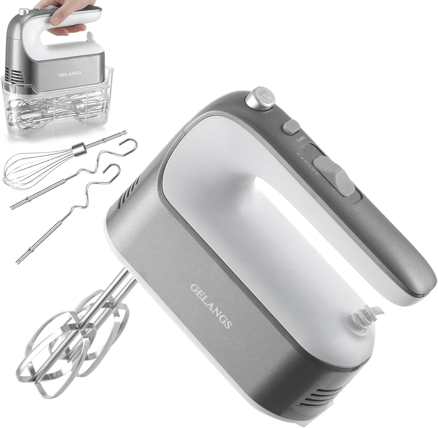 GELANGS-400W Hand Mixer with Turbo Boost - 5-Speed, One-Touch Release, Copper Motor 3 Dishwasher-Safe Attachments 110V Heavy Duty for Baking, Whipping & Dough