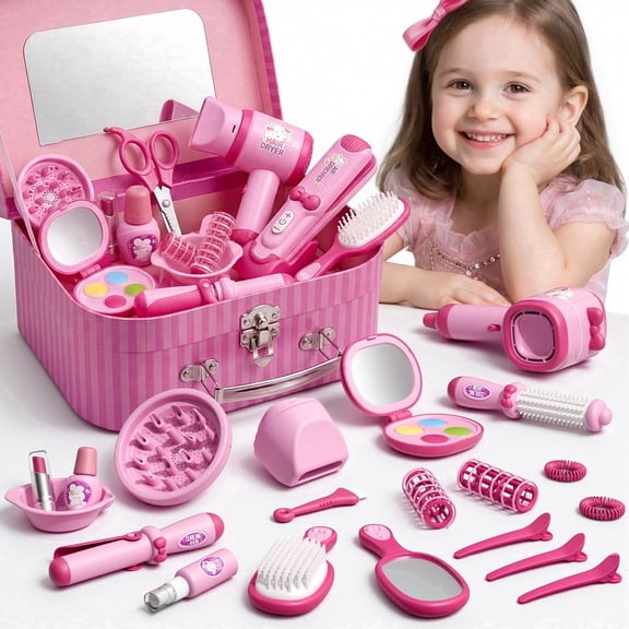 Gelomee 28 Pcs Hair Makeup Kit Toys for 3-5 Year Old Girls, Pretend Play for Toddlers with Realistic Blow Dryer , Ideal Birthday Gifts for 3+ Year Old