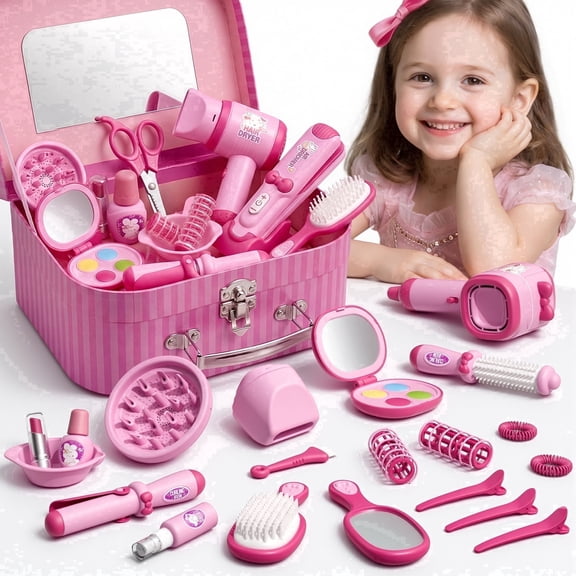 Gelomee 28 Pcs Fake Makeup Kit Toys for 3-5 Year Old Girls, Pretend Play for Toddlers with Realistic Blow Dryer , Ideal Birthday Gifts for 3+ Year Old