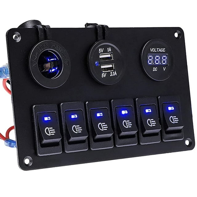 GELOO 6 Gang Boat Rocker Switch Panel for Boat Marine Car Blue Led