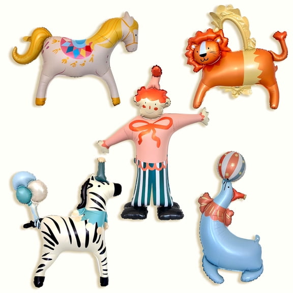 GELOUBO Circus Theme Party Balloons Set, 5PCS Large animal Balloons - Clown, Lion, Sea Lion, Zebra & Carousel Horse,3D Cream Style Balloons for Kids Birthday, Baby Shower, Carnival Decoration Y114