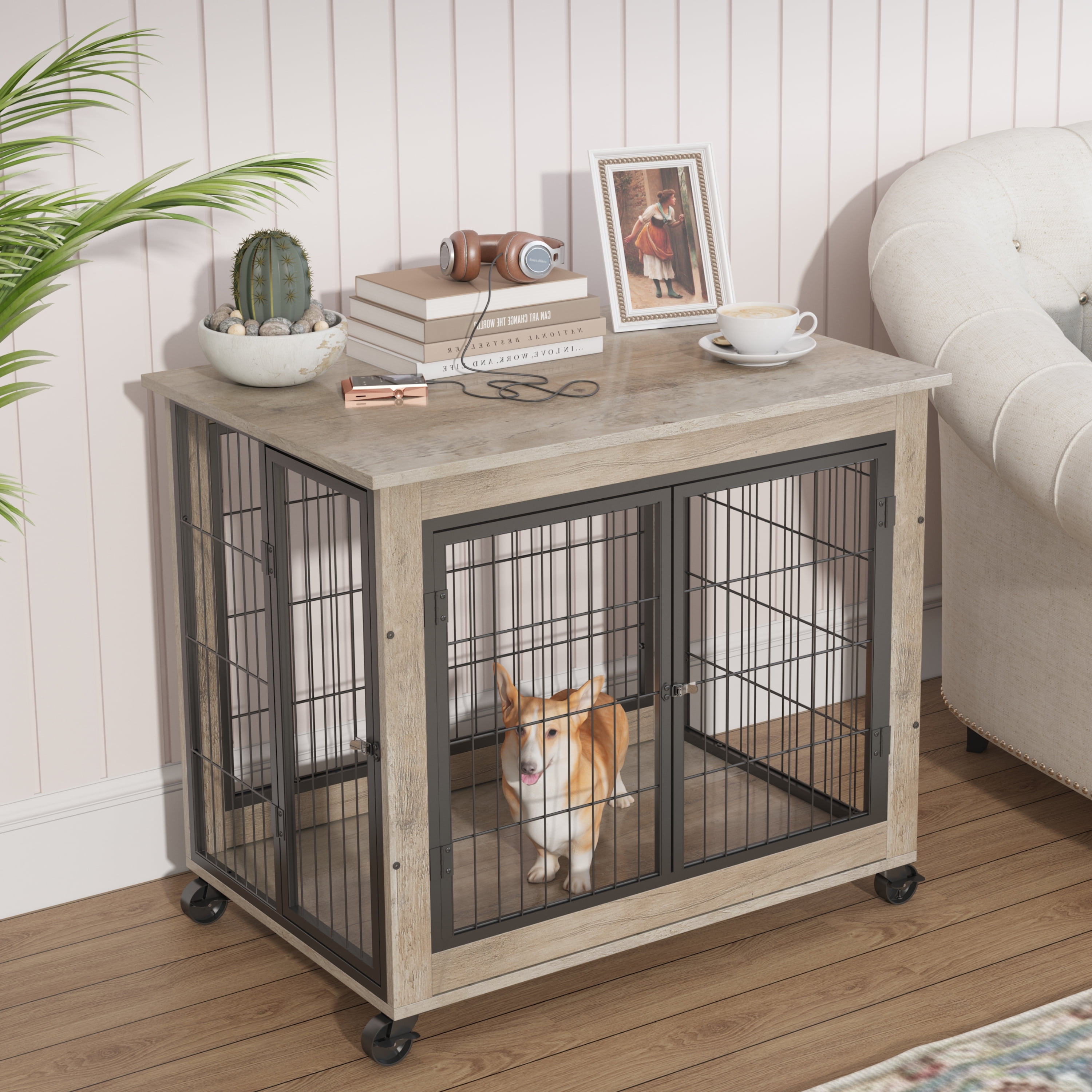 Gray Rolling Wooden Dog Crate Side Table with Double Doors