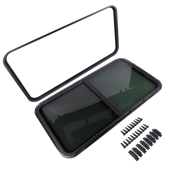 GELUOXI 42"W X 22"H RV Trailer Camper Window Horizontal Sliding Black Glass with Mounting Trim Ring