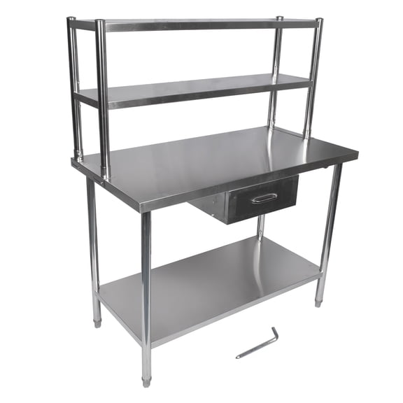 GELUOXI 48" x 24" Stainless Steel Table with Overshelves and Drawers, Worktable with 48" x12" Shelf & Drawers, Metal Prep Workstation for Home Kitchen Restaurant Garage Warehouse