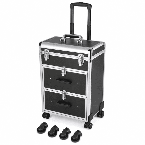 GELUOXI Professional Rolling Makeup Train Case with Drawers, Makeup Case on Wheels, Nail Tech Rolling Cart Storage Organizer Trolley Make up Case for Travel Makeup/Nail Art/Hair Styling, Black