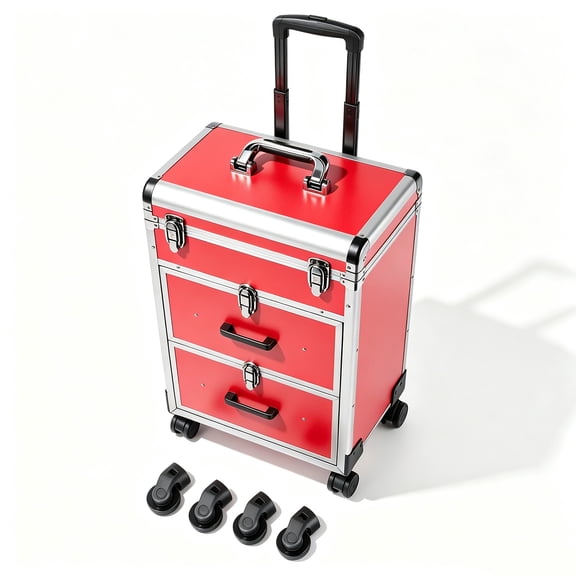 GELUOXI Professional Rolling Makeup Train Case with Drawers, Makeup Case on Wheels, Nail Tech Rolling Cart Storage Organizer Trolley Make up Case for Travel Makeup/Nail Art/Hair Styling,Red