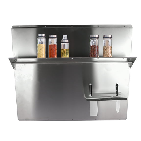 GELUOXI Range Backsplash with Shelf 36 x30.7 Inch Range Hood Wall Shield, Stainless Steel Backsplash Silver Splash Plate for Range Hood Stainless Backsplash with Storage Shelf and Hanging Rack