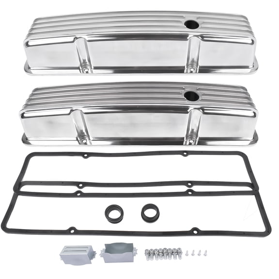 GELUOXI Retro Finned Polished Aluminum Tall Valve Covers for Chevy Small Block 305 400 Silver 2Pcs