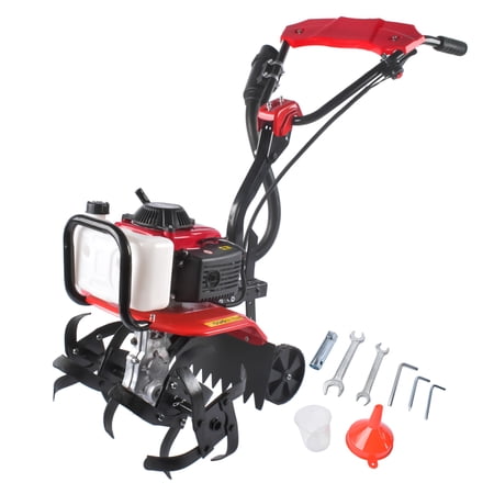GELUOXI Tiller Cultivator Gas Powered, 63CC 4-Stroke Garden Cultivator, Tiller with 4 Steel Adjustable Front Tines for Lawn, Garden and Field Soil Cultivation