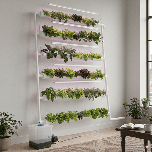 GELUOXI Wall-Mounted Hydroponic Grow Kit, 1 Layers 54 Plant Sites 6 Food-Grade PVC-U Pipes Hydroponics Planting System with Water Pump, Pump Timer, Nest Basket and Sponge for Leafy Vegetable