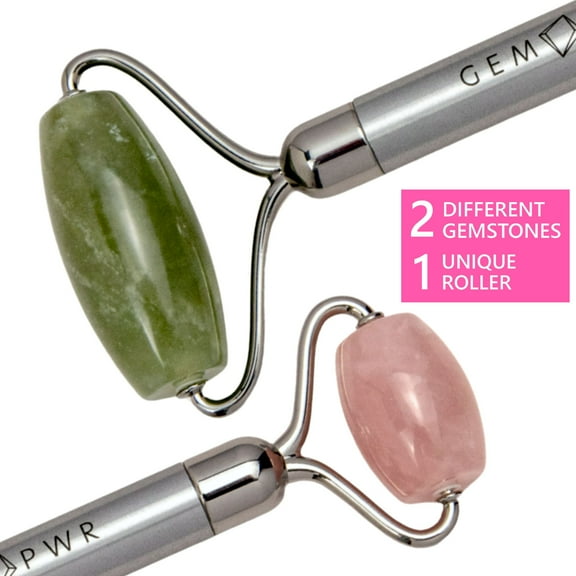 GEM PWR Rose Quartz + Jade Face Roller, Dual Head 2-in-1 with Travel Bag and Durable Steel Handle