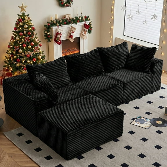 GEMBED 108" Modern L-Shaped Modular Sectional Sofa for Living Room Comfy Cloud Couch with Deep Seat and Movable Ottoman, No Assembly Required, Black