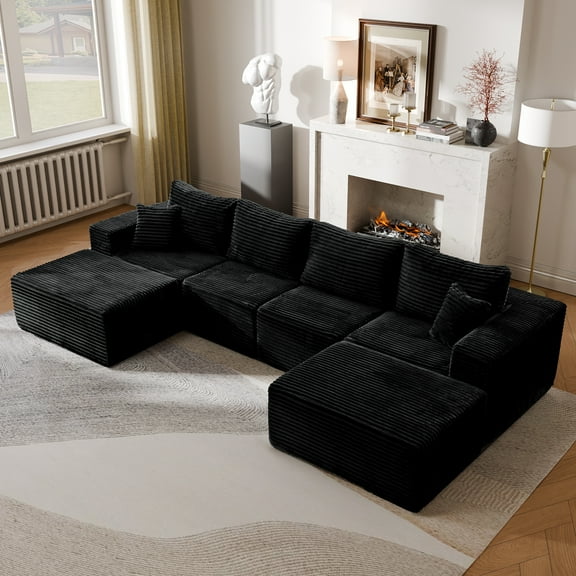 GEMBED 136" Modular Sectional Sofa Oversized 6 Seater Upholstered Couch with Deep Seat and Movable Ottoman, No Assembly Required, Black