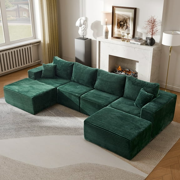 GEMBED 136" Modular Sectional Sofa Oversized 6 Seater Upholstered Couch with Deep Seat and Movable Ottoman, No Assembly Required, Green