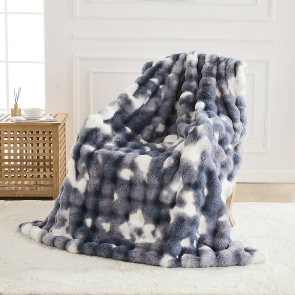 GEMBED Faux Fur Throw Blanket for Bed Fuzzy Soft Plush Thick Bubble Blanket for Living Room, 90x90 inches, Tie Dye Blue