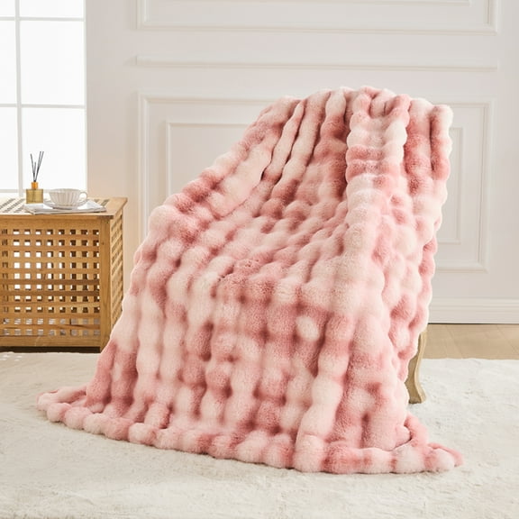 GEMBED Faux Fur Throw Blanket for Bed Fuzzy Soft Plush Thick Bubble Blanket for Living Room, 90x90 inches, Tie Dye Pink