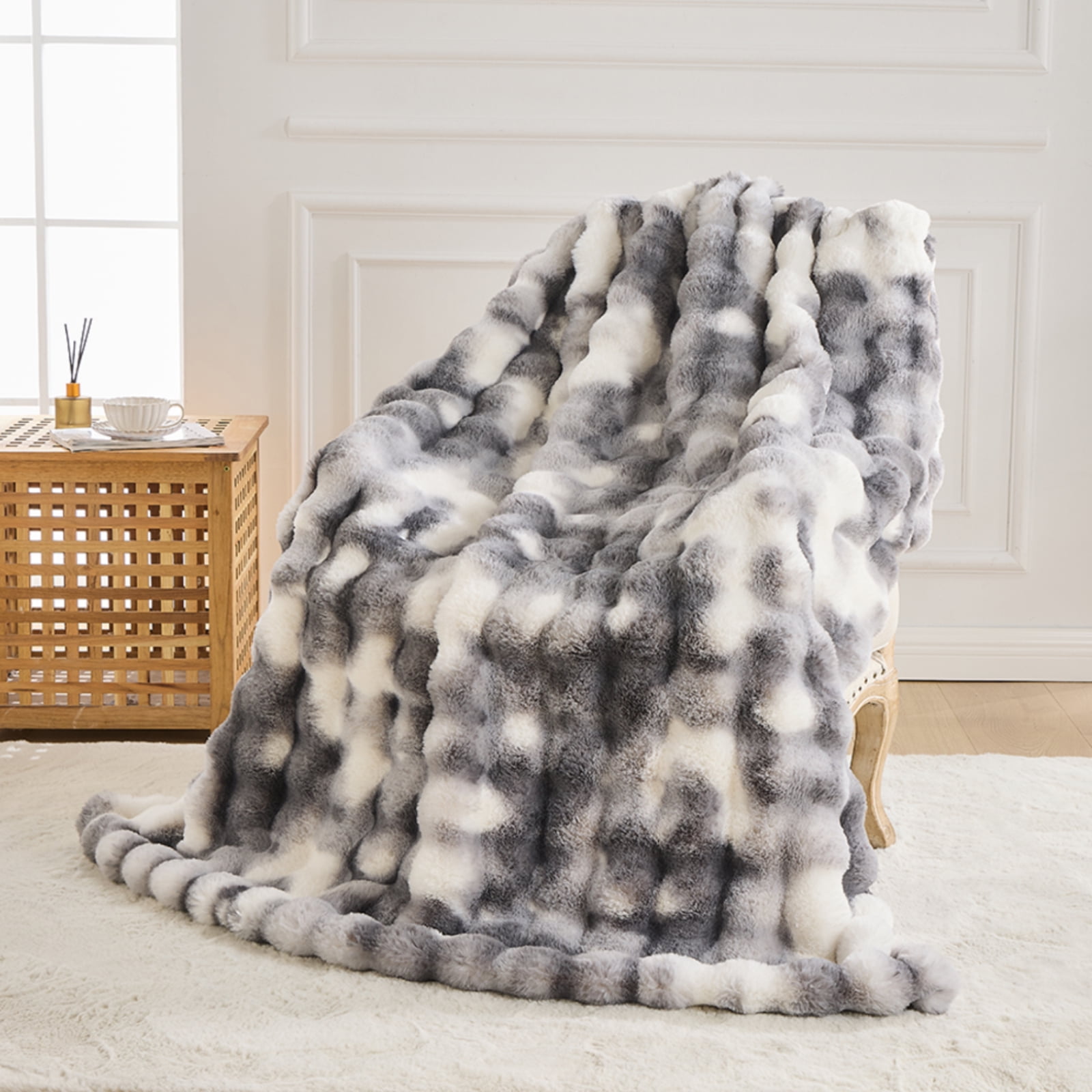 GEMBED Faux Fur Throw Blanket for Couch Fuzzy Soft Plush Thick Bubble Blanket for Living Room, 50x60 inches, Tie Dye Gray