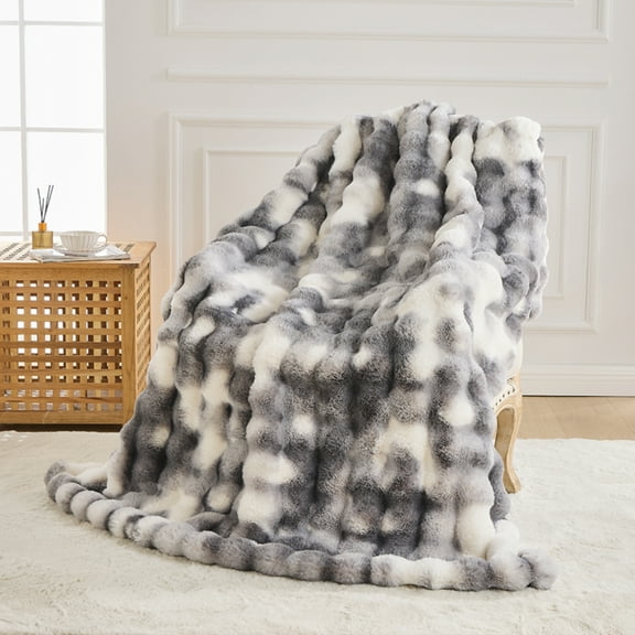 GEMBED Faux Fur Throw Blanket for Couch Fuzzy Soft Plush Thick Bubble Blanket for Living Room, 60x80 inches, Tie Dye Gray