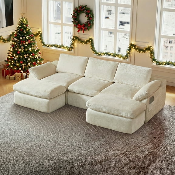 GEMBED 108" Modular Sectional Sofa U Shaped Cloud Couch with Deep Seat and Movable Ottoman Boneless Couches for Living Room, No Assembly Required, Beige