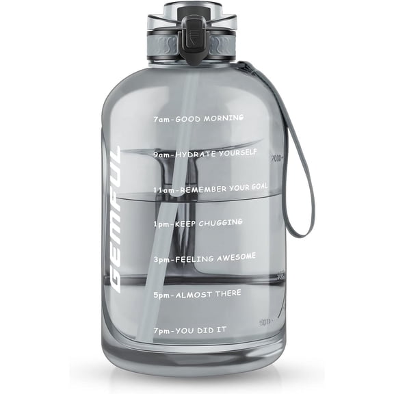 GEMFUL 3 Liter Water with Straw Time Marker Large 101oz BPA-Free Leakproof Jug for Gym Sports Hiking Motivational Tracking for Men Women (Grey with Removable Straw)