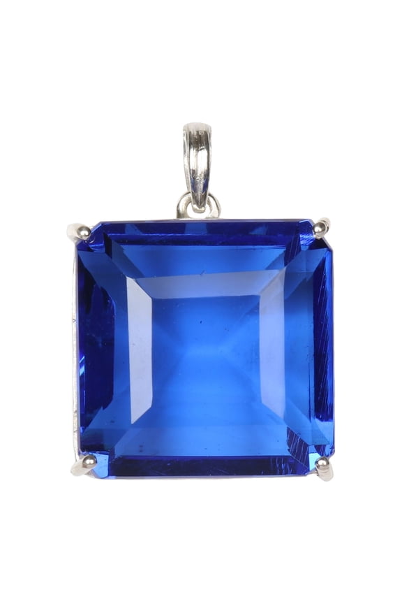 27.00 Gram Princess Cut Blue Topaz Gemstone Pendant, Fine Solid 925 Silver Square Shape Topaz Pendant