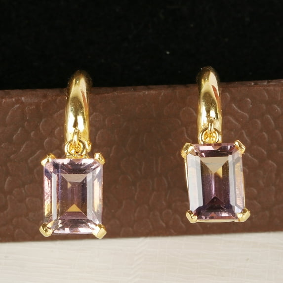 GEMHUB Ametrine Solid 925 Silver Earrings - Solid 925 Silver Dainty Dangle Drop Earrings, February & November Birthstone, Dual Color Genuine Ametrine in Gold Finish, Handmade Jewelry Gift