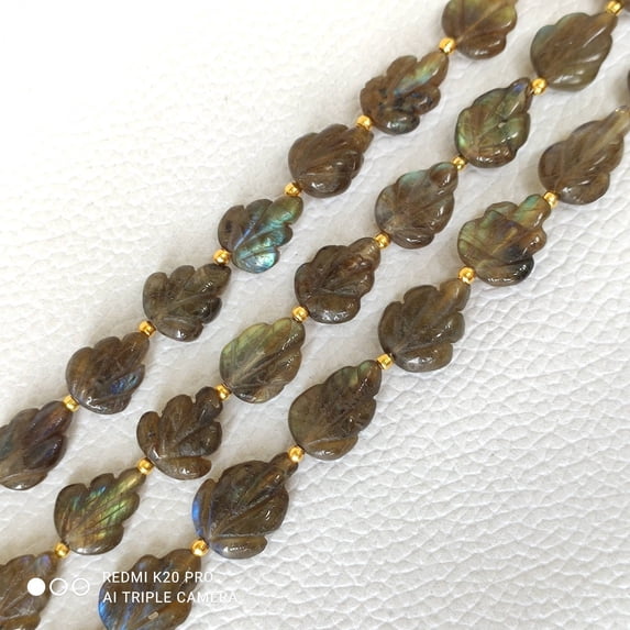 THE GEMS GRID Natural Labradorite Leaf Carved Beads – 9.5x13.5mm to 10x11mm Pear Shape Gemstones, 8" Loose Tassel Strand for Jewelry Making & Crystal Crafts