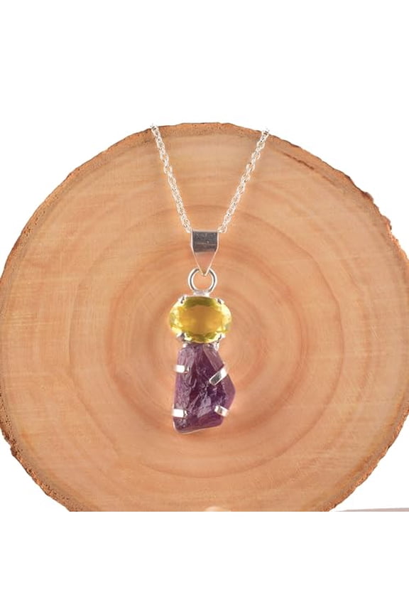 GEMSLOGY Natural Real Amethyst and Lemon Quartz Crystals Bezel Pendant Necklace, Birthstone, Double Gemstone, Healing Gemstone, Birthday, Gift Jewelry, Occasion Wear, Gift for Her (amethyst-lemon)