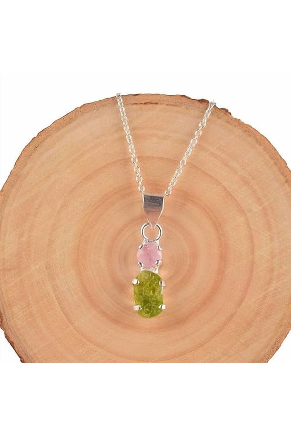 GEMSLOGY Natural Real Peridot & Morganite Crystals Bezel Pendant Necklace, Birthstone, Multi Gemstone Pendant, Healing Birthday, Gift Jewelry, (peridot-morganite)
