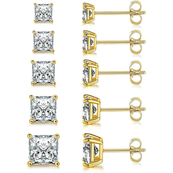 GEMSME 18K Gold Plated Princess Cut Clear Cubic Zirconia Stud Earrings Pack of 5