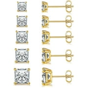 GEMSME 18K Gold Plated Princess Cut Clear Cubic Zirconia Stud Earrings Pack of 5
