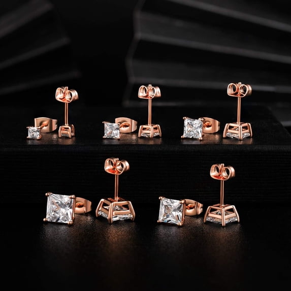 GEMSME 18K Rose Gold Plated Princess Cut Clear Cubic Zirconia Stud Earrings Set for Women Men 3mm/4mm/5mm/6mm/7mm