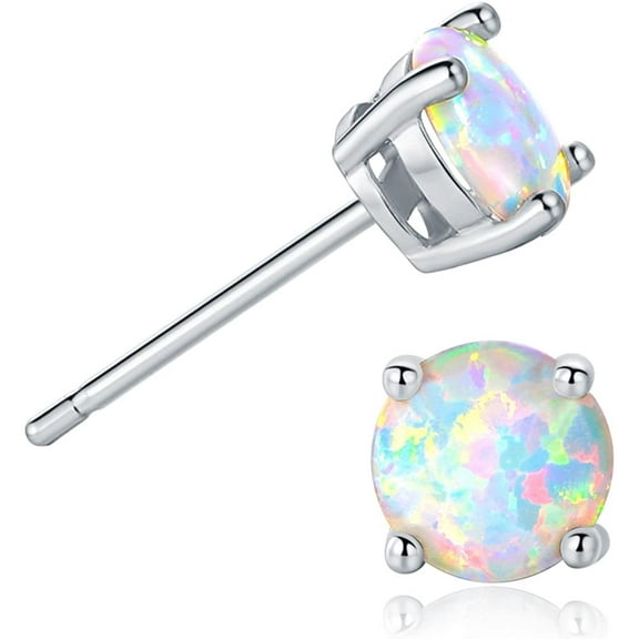 GEMSME 18K White Gold Plated 6mm Round White Opal Stud Earrings For Women