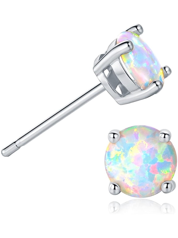 18K White Gold Plated 6mm Round White Opal Stud Earrings For Women