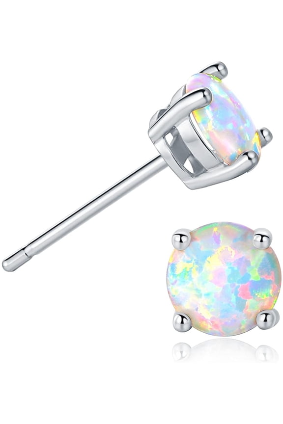 18K White Gold Plated 6mm Round White Opal Stud Earrings For Women