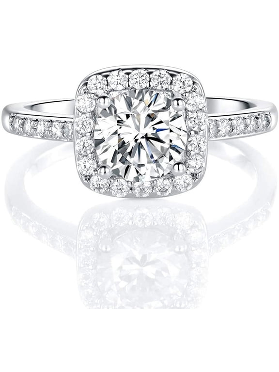 18K White Gold Plated Cubic Zirconia Promise Halo Engagement Promise Eternity Ring for Women