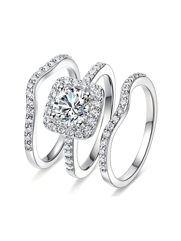 18K White Gold Plated Cubic Zirconia Three-in-One Halo Wedding Engagement Promise Eternity Ring Set for Women Size 4.5