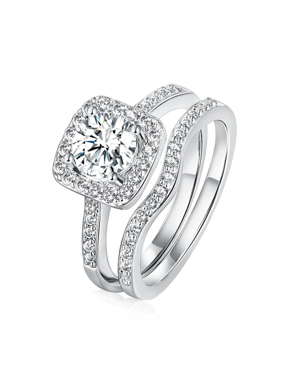 18K White Gold Plated Cubic Zirconia Two-in-One Halo Wedding Engagement Promise Eternity Ring Set for Women Size 10.5
